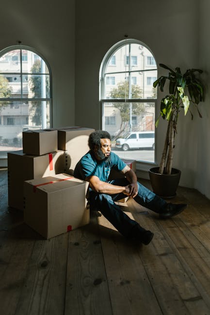 A man with curly dark hair and a teal T-shirt is seated on a wooden floor inside a room during a home relocation process, surrounded by several closed cardboard moving boxes with red tape. The boxes are stacked to his left and behind him. Sunlight streams through two large arched windows with black frames, revealing a street with parked cars and trees outside. To the man’s right, there is a tall potted plant with broad green leaves. The room has neutral-colored walls and minimal furnishings, with natural lighting highlighting the scene. Man and Van Paddington is involved in furniture transport and packing and moving services, and this image captures a moment during the loading or unpacking phase of a house removal, emphasizing careful handling of belongings in a professional relocation context.