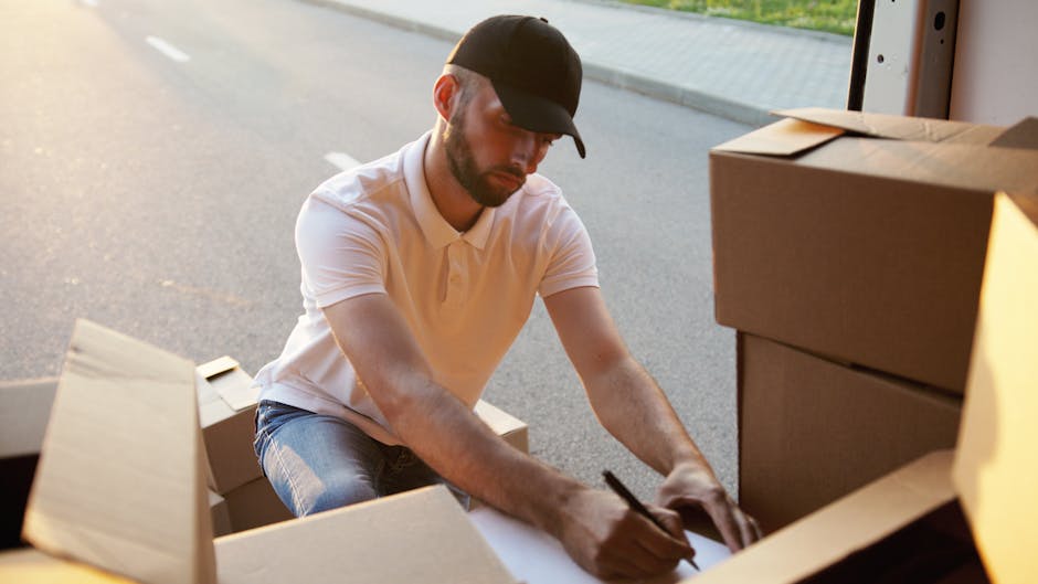 A man wearing a black cap and a white polo shirt is kneeling on the pavement next to a partially open cardboard box during a house removal process outside a property. He is writing on a clipboard or piece of paper placed inside the box, with several other cardboard boxes stacked nearby, some sealed and others open, revealing packing materials like paper and plastic wrapping. The setting is outdoors, with the edge of a large vehicle or van visible in the background, indicating loading or packing activities as part of a professional removals service. The scene captures the careful handling and documentation involved in a furniture transport or packing and moving operation, aligning with house relocation logistics. Man and Van Paddington, as seen in the company's branding, conducts such tasks with attention to safety and detail during the loading process.