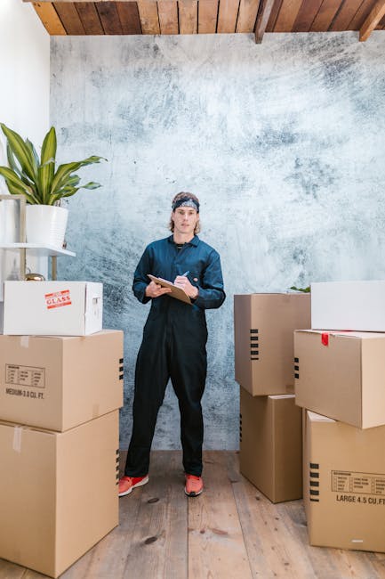 A man with curly dark hair and a teal T-shirt is seated on a wooden floor inside a room during a home relocation process, surrounded by several closed cardboard moving boxes with red tape. The boxes are stacked to his left and behind him. Sunlight streams through two large arched windows with black frames, revealing a street with parked cars and trees outside. To the man’s right, there is a tall potted plant with broad green leaves. The room has neutral-colored walls and minimal furnishings, with natural lighting highlighting the scene. Man and Van Paddington is involved in furniture transport and packing and moving services, and this image captures a moment during the loading or unpacking phase of a house removal, emphasizing careful handling of belongings in a professional relocation context.